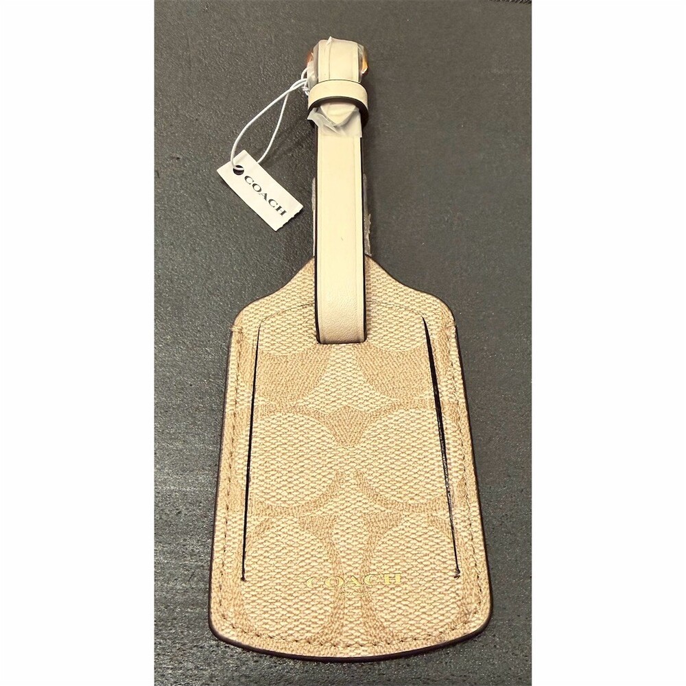 Coach Signature Canvas Luggage Tag Light Khaki Chalk Gold Tone Buckle